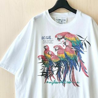 ヘインズ(Hanes)の90s USA製古着　ヴィンテージ　Tシャツ　枝にとまる6羽のオウム　鳥(Tシャツ/カットソー(半袖/袖なし))