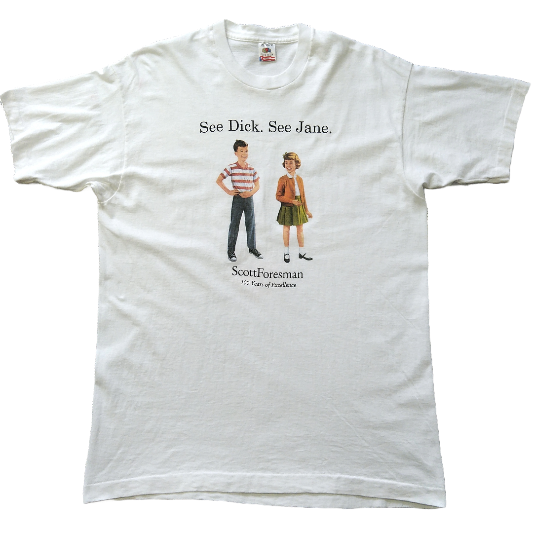 FRUIT OF THE LOOM(フルーツオブザルーム)の古着　90s　See Dick. See Jane.　Tシャツ　XL　白 * メンズのトップス(Tシャツ/カットソー(半袖/袖なし))の商品写真
