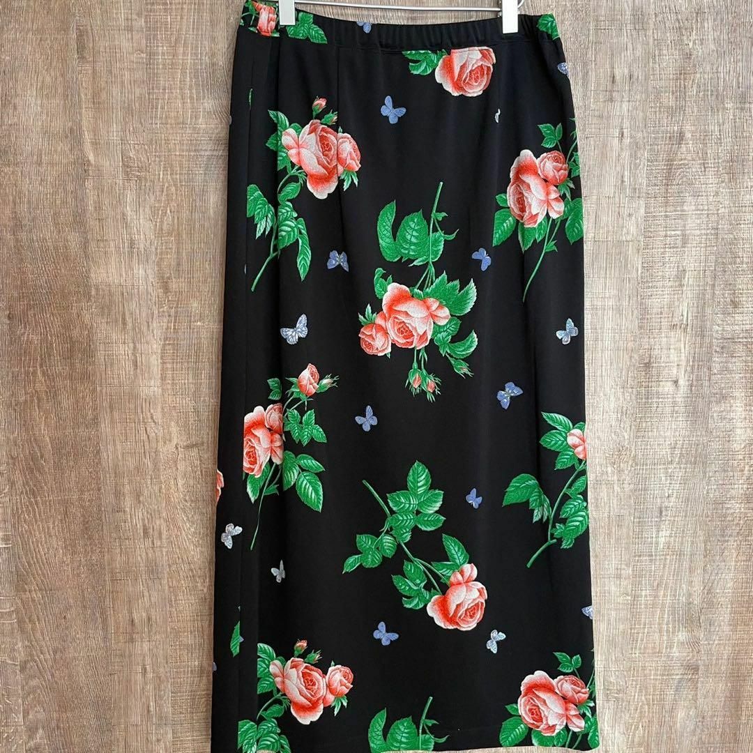HANAE MORI(ハナエモリ)のHANAE MORI ハナエモリ　ロングスカート　タイトスカート　黒×花柄　L レディースのスカート(ロングスカート)の商品写真