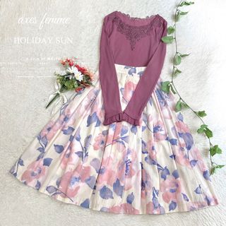 axes femme - コーデセット ❁ レース付きリブトップス＋ぼかしフラワープリントスカート ❁¨̮