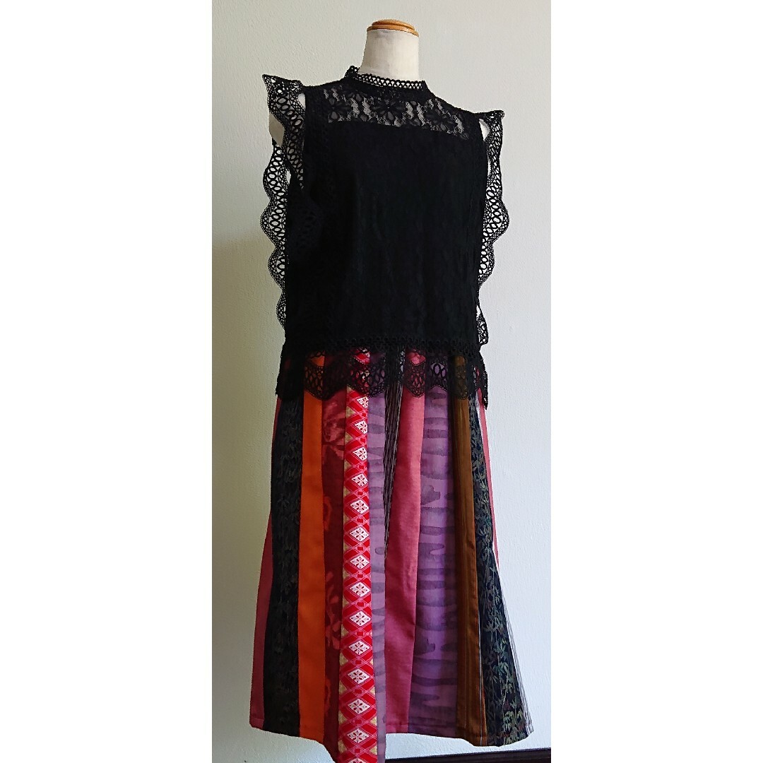 現品限り!!!着物リメイク 贅沢カラフル♡  マキシスカート  ハンドメイド レディースのスカート(ロングスカート)の商品写真
