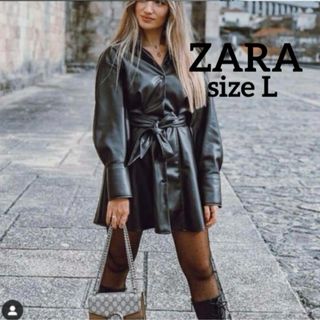 ザラ(ZARA)のZARA フェイクレザー ロングコート Lサイズ ブラック 黒(ロングコート)