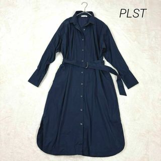 プラステ(PLST)のPLST プラステ シャツワンピース ベルト付き 美シルエット ネイビー S(ロングワンピース/マキシワンピース)