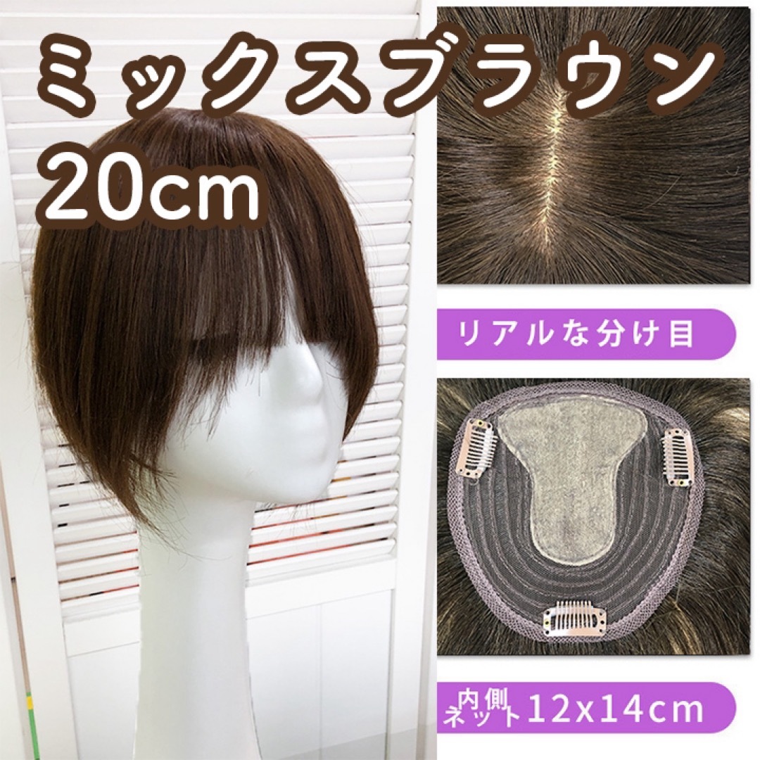 人毛100% 部分ウィッグ ヘアピース 頭頂部 ミックスブラウン【25cm】 レディースのウィッグ/エクステ(ショートストレート)の商品写真