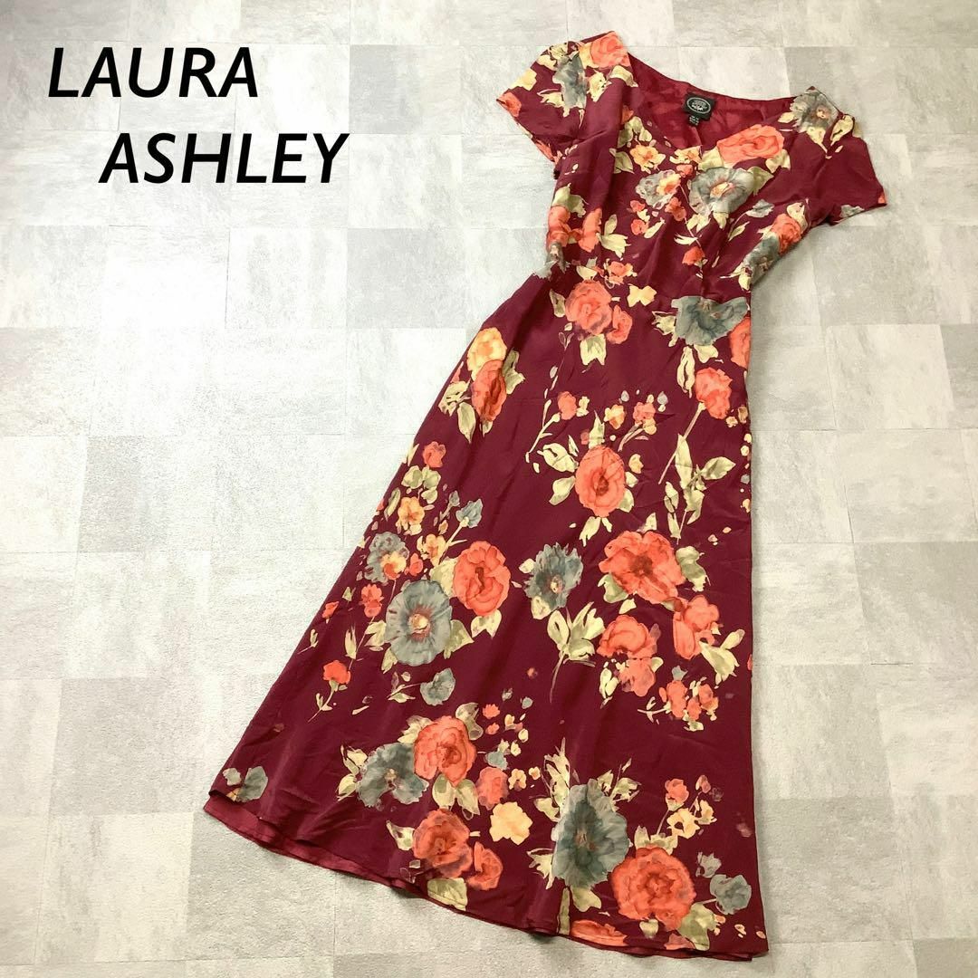 LAURA ASHLEY(ローラアシュレイ)のLAURA ASHLEY シルク 花柄 ワンピース フレンチスリーブ ボルドー レディースのワンピース(その他)の商品写真