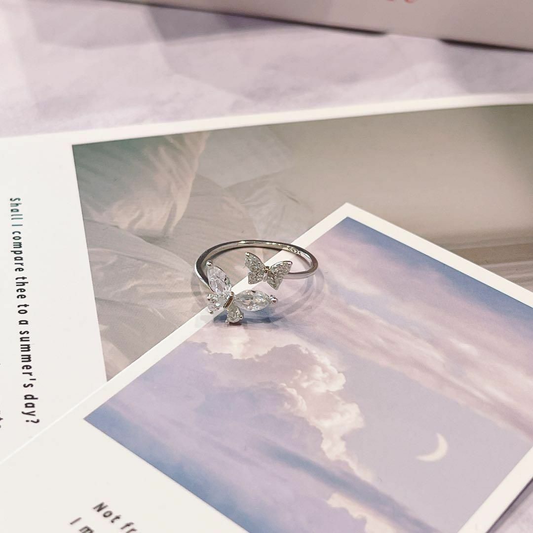 指輪 オープンリング レディース フリー シルバー925 CZダイヤ 蝶 結婚式 レディースのアクセサリー(リング(指輪))の商品写真
