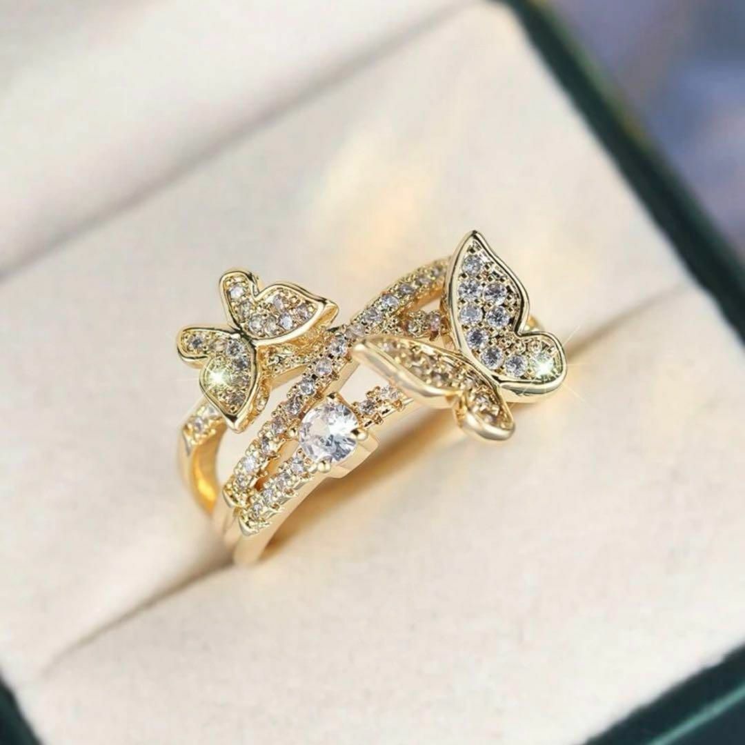 指輪 リング レディース 大ぶり 11号 ゴールド 蝶 ちょうちょ 結婚式 レディースのアクセサリー(リング(指輪))の商品写真