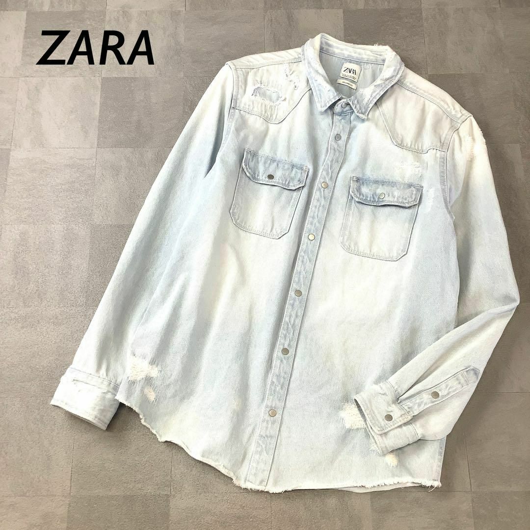 ZARA(ザラ)のZARA クラッシック デニム シャツ ジャケット ダメージ 加工 ライトブルー レディースのトップス(シャツ/ブラウス(長袖/七分))の商品写真