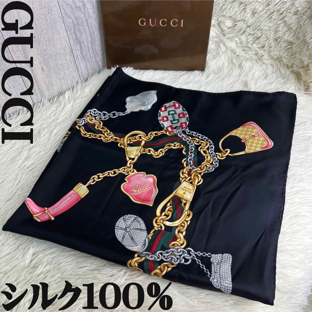 Gucci(グッチ)の希少♡シルク100％♡美品♡GUCCI グッチ アイテム デザイン スカーフ レディースのファッション小物(バンダナ/スカーフ)の商品写真