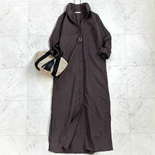 プラージュ(Plage)の美品 プラージュ plage ロングリネンシャツワンピース ダークブラウン 38(ロングワンピース/マキシワンピース)