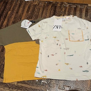ザラキッズ(ZARA KIDS)のbaiya110男の子ボーイズTシャツ半袖恐竜ザラ新品未使用動物アニマル白黄色(Tシャツ/カットソー)