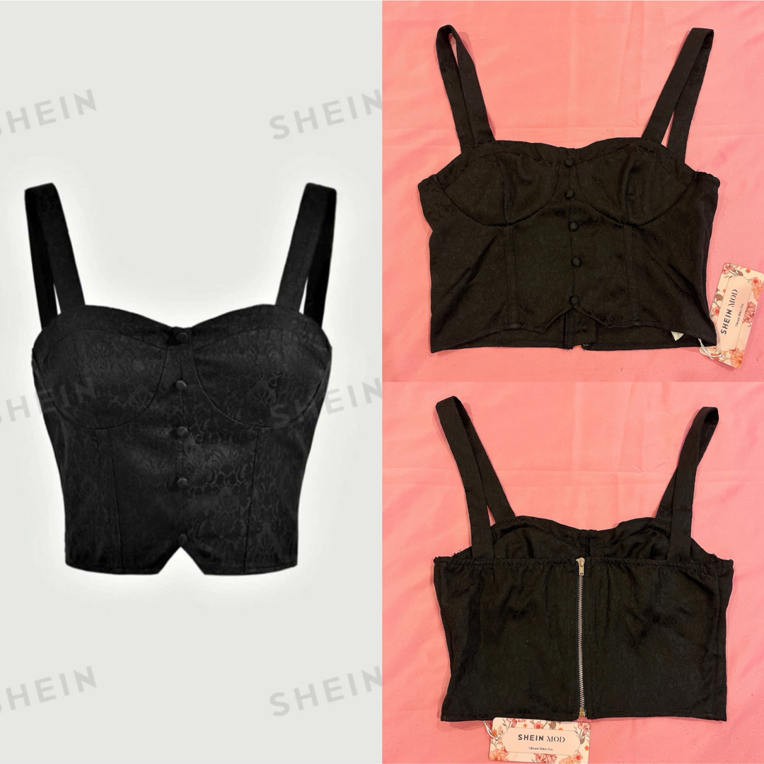 SHEIN(シーイン)のshein modハート　ジャカードボタンフロントワイドストラップトップス　黒 レディースのトップス(キャミソール)の商品写真