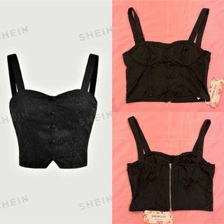 シーイン(SHEIN)のshein modハート　ジャカードボタンフロントワイドストラップトップス　黒(キャミソール)