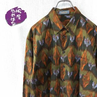 長袖シャツ　デザインシャツ　アート柄　レトロ　緑　オレンジ　XL　古着(シャツ)