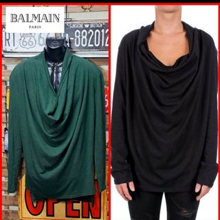 バルマン(BALMAIN)のバルマン　リネン混　ボリュームネック　ドレープ　長袖　カットソー　Ｍ　グリーン(Tシャツ/カットソー(七分/長袖))