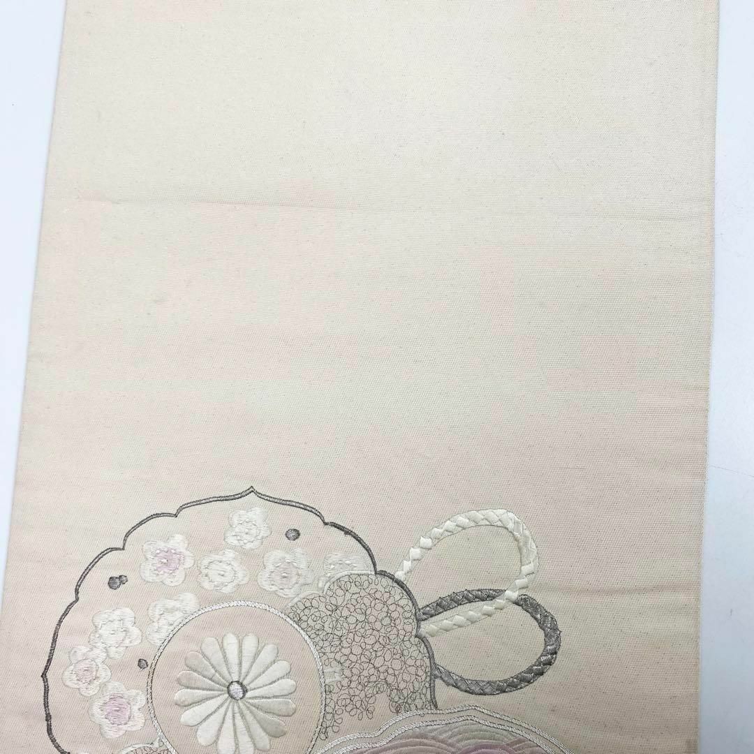 袋帯 手鏡に牡丹と梅の花の美しい刺繍 銀通し 乳白色 着物 RO-5386 レディースの水着/浴衣(着物)の商品写真