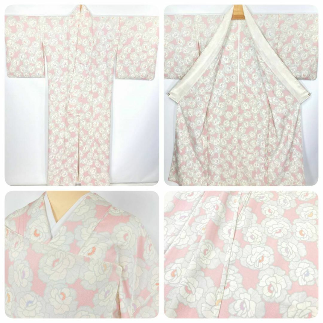 【単衣】型染め友禅 牡丹 小紋 正絹 白 ピンク パステルカラー 1217 レディースの水着/浴衣(着物)の商品写真
