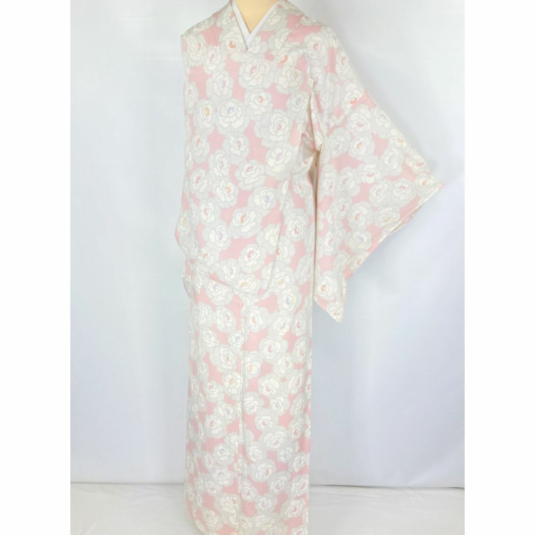【単衣】型染め友禅 牡丹 小紋 正絹 白 ピンク パステルカラー 1217 レディースの水着/浴衣(着物)の商品写真