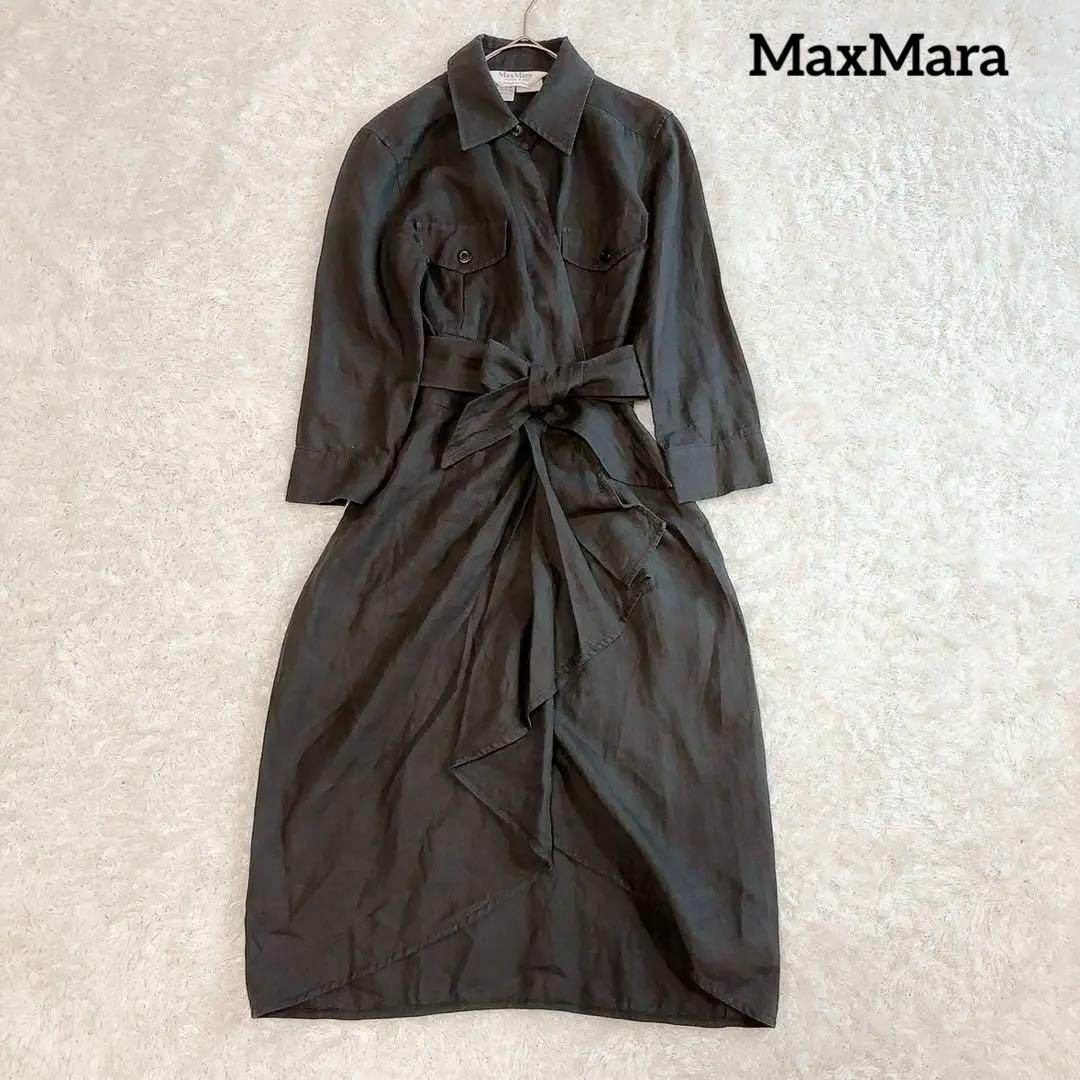 Max Mara(マックスマーラ)の美品✨最高級白タグ マックスマーラ シャツワンピース フリル リボン リネン レディースのワンピース(ロングワンピース/マキシワンピース)の商品写真