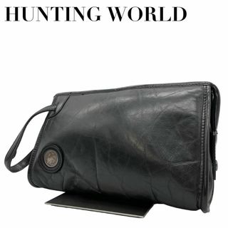 ハンティングワールド(HUNTING WORLD)の美品　ハンティングワールド　L クラッチバッグ　セカンドバッグ　レザー　ブラック(セカンドバッグ/クラッチバッグ)