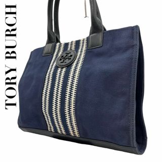 トリーバーチ(Tory Burch)の良品　トリーバーチ　S17　キャンバス　トートバッグ　ネイビー　ストライプ　紺(トートバッグ)