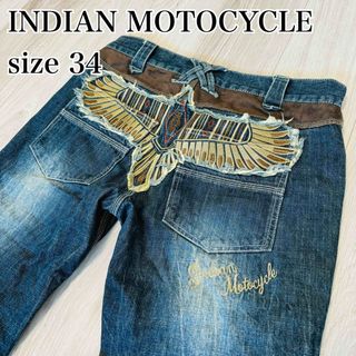 インディアンモトサイクル(Indian Motocycle)の【美品】インディアンモトサイクル　デニムパンツ　ジーンズ　羽　刺繍　34 XL(デニム/ジーンズ)