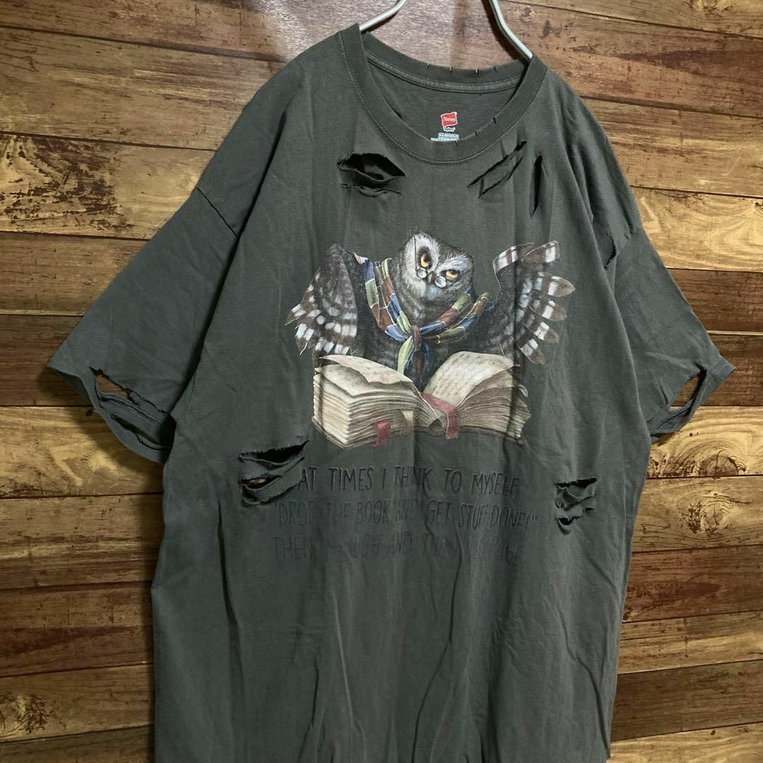 Hanes(ヘインズ)の6264 ボロTシャツ ダメージ　アニマル　フクロウ　古着 2XL メンズのトップス(Tシャツ/カットソー(半袖/袖なし))の商品写真