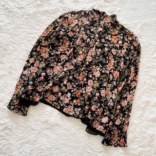 ザラ(ZARA)のZARA ハイネック 花柄 ブラウス シースルー シャツ裏地付 ブラック 黒 L(シャツ/ブラウス(長袖/七分))