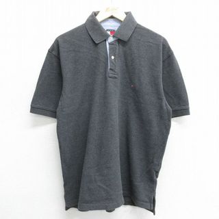 トミーヒルフィガー(TOMMY HILFIGER)のXL★古着 トミーヒルフィガー TOMMY HILFIGER 半袖 ブラント ポロ シャツ メンズ 90年代 90s ワンポイントロゴ 鹿の子 コットン 濃グレー 霜降り 24apr06 中古 トップス(ポロシャツ)