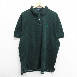 ラルフローレン(Ralph Lauren)のXL★古着 ラルフローレン Ralph Lauren 半袖 ブランド ポロ シャツ メンズ 90年代 90s ワンポイントロゴ 鹿の子 大きいサイズ コットン 緑他 グリーン ボーダー 24apr06 中古 トップス(ポロシャツ)