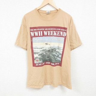 XL★古着 半袖 Tシャツ メンズ 戦闘機 大きいサイズ コットン クルーネック ベージュ カーキ 24apr06 中古(Tシャツ/カットソー(半袖/袖なし))