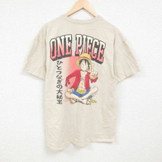 XS★古着 半袖 Tシャツ メンズ アニメ ワンピース ONE PIECE モンキーＤルフィ コットン クルーネック ベージュ カーキ 24apr06 中古(Tシャツ/カットソー(半袖/袖なし))