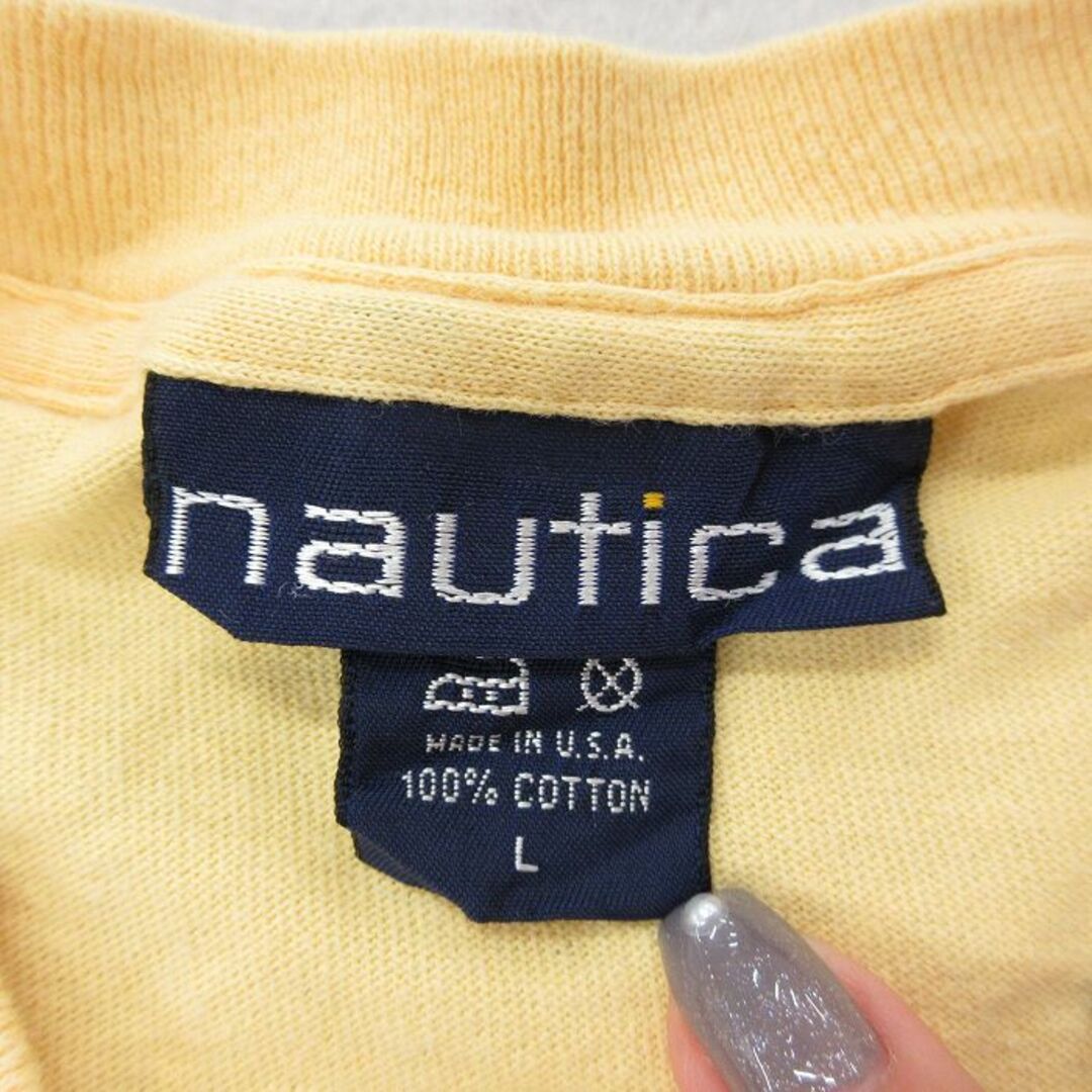 NAUTICA(ノーティカ)のXL★古着 ノーティカ NAUTICA 半袖 ブランド Tシャツ メンズ 90年代 90s ワンポイントロゴ 胸ポケット付き 大きいサイズ コットン クルーネック USA製 黄 イエロー 24apr06 中古 メンズのトップス(Tシャツ/カットソー(半袖/袖なし))の商品写真