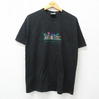 ヘインズ(Hanes)のL★古着 ヘインズ Hanes 半袖 ビンテージ Tシャツ メンズ 00年代 00s ヤシの木 刺繍 コットン クルーネック 黒 ブラック 24apr06 中古(Tシャツ/カットソー(半袖/袖なし))