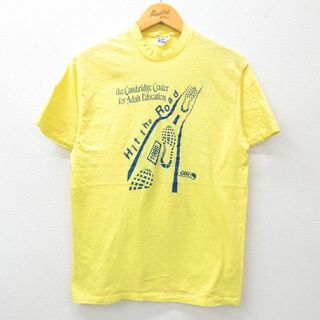 ヘインズ(Hanes)のM★古着 ヘインズ Hanes 半袖 ビンテージ Tシャツ メンズ 80年代 80s 足跡 Road コットン クルーネック USA製 黄 イエロー 24apr06 中古(Tシャツ/カットソー(半袖/袖なし))