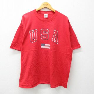 XL★古着 半袖 ビンテージ Tシャツ メンズ 90年代 90s USAロゴ 星条旗 大きいサイズ コットン クルーネック USA製 赤 レッド 24apr06 中古(Tシャツ/カットソー(半袖/袖なし))