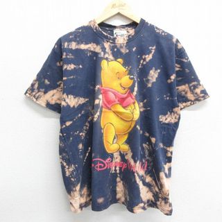 ディズニー(Disney)のL★古着 半袖 ビンテージ Tシャツ メンズ 90年代 90s ディズニー DISNEY くまのプーさん コットン クルーネック USA製 紺他 ネイビー ブリーチ加工 【spe】 24apr06 中古(Tシャツ/カットソー(半袖/袖なし))