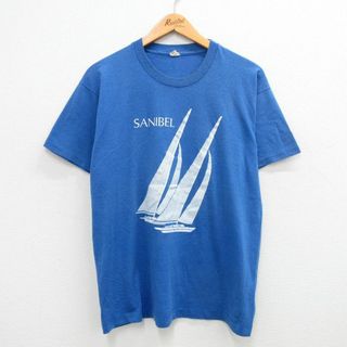 スクリーンスターズ(SCREEN STARS)のL★古着 スクリーンスターズ 半袖 ビンテージ Tシャツ メンズ 80年代 80s ヨット SANIBEL クルーネック USA製 青 ブルー 24apr06 中古(Tシャツ/カットソー(半袖/袖なし))