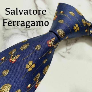 サルヴァトーレフェラガモ(Salvatore Ferragamo)のネクタイ サルヴァトーレフェラガモ ボタニカル 総柄 蝶 シルク ネイビー(ネクタイ)