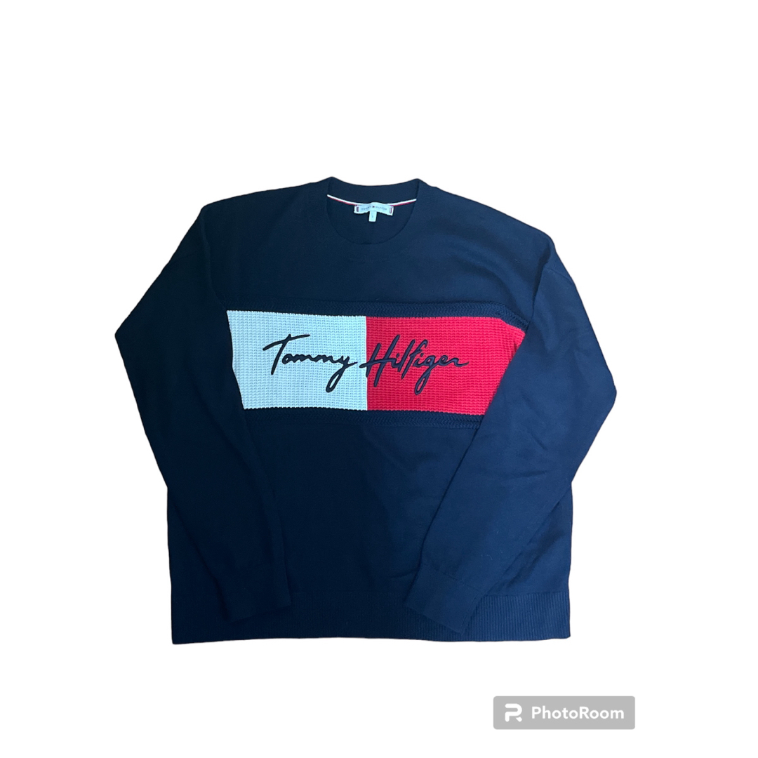 トミーヒルフィガー　TOMMY 春　薄手　ニット　セーター　ネイビー　紺　ロゴ レディースのトップス(ニット/セーター)の商品写真