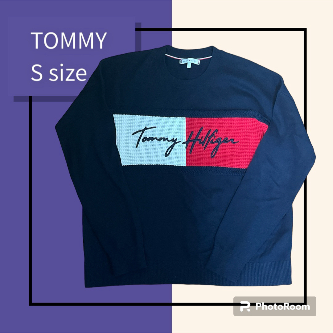 トミーヒルフィガー　TOMMY 春　薄手　ニット　セーター　ネイビー　紺　ロゴ レディースのトップス(ニット/セーター)の商品写真