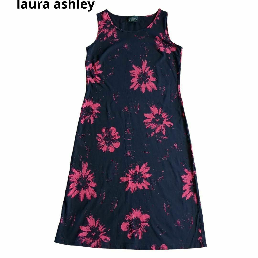 LAURA ASHLEY(ローラアシュレイ)のローラアシュレイ　カットソーワンピース ノースリーブ 花柄 黒 ピンク レディースのワンピース(ロングワンピース/マキシワンピース)の商品写真