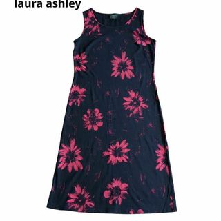 ローラアシュレイ(LAURA ASHLEY)のローラアシュレイ　カットソーワンピース ノースリーブ 花柄 黒 ピンク(ロングワンピース/マキシワンピース)