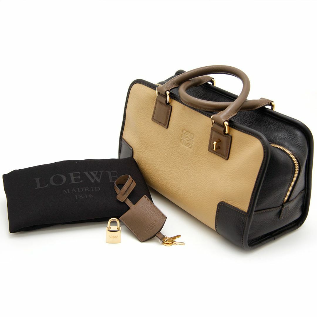 LOEWE(ロエベ)の良品 ロエベ ハンドバッグ Amazona アマソナ 28 352.69.A03 トリコロール LOEWE スペイン製 ミニボストン ベージュ ブラック ブラウン レザー 革 レディースのバッグ(ハンドバッグ)の商品写真