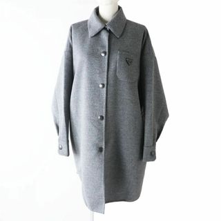 極美◎正規品  21AW 伊製 PRADA プラダ  P6680 レディース トライアングロゴ／三角プレート付 カシゴラ ロングコート 灰 38 定価539000円