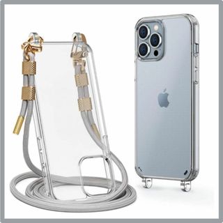 iPhone13ProMax用 ショルダーストラップ 透明 スマホケース グレー(ストラップ/イヤホンジャック)