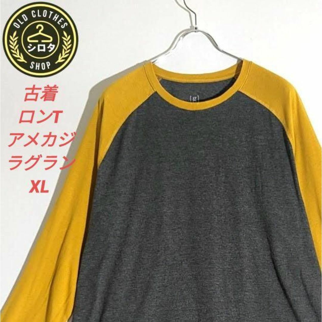 古着 ロンT アメカジ プリント ラグラン グレー 黄色 メンズのトップス(Tシャツ/カットソー(七分/長袖))の商品写真