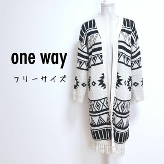 ワンウェイ(one*way)のロングカーディガン　オルテガ柄【F】ワンウェイ　裾フリンジ リラックス　キャンプ(カーディガン)