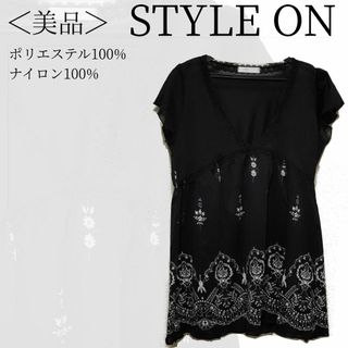 STYLE ON ブラウス Lサイズ 半袖 黒 レース 柄 オシャレ✓1603(ポロシャツ)