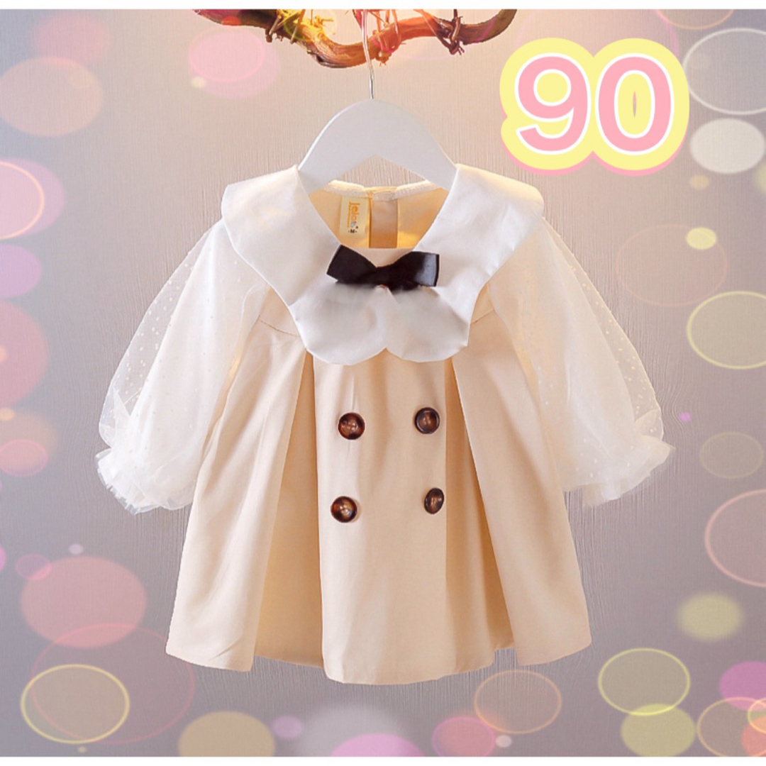 春夏おでかけ　イベント　お誕生日　ベージュワンピース　レースの袖　リボン　90 キッズ/ベビー/マタニティのキッズ服女の子用(90cm~)(ワンピース)の商品写真